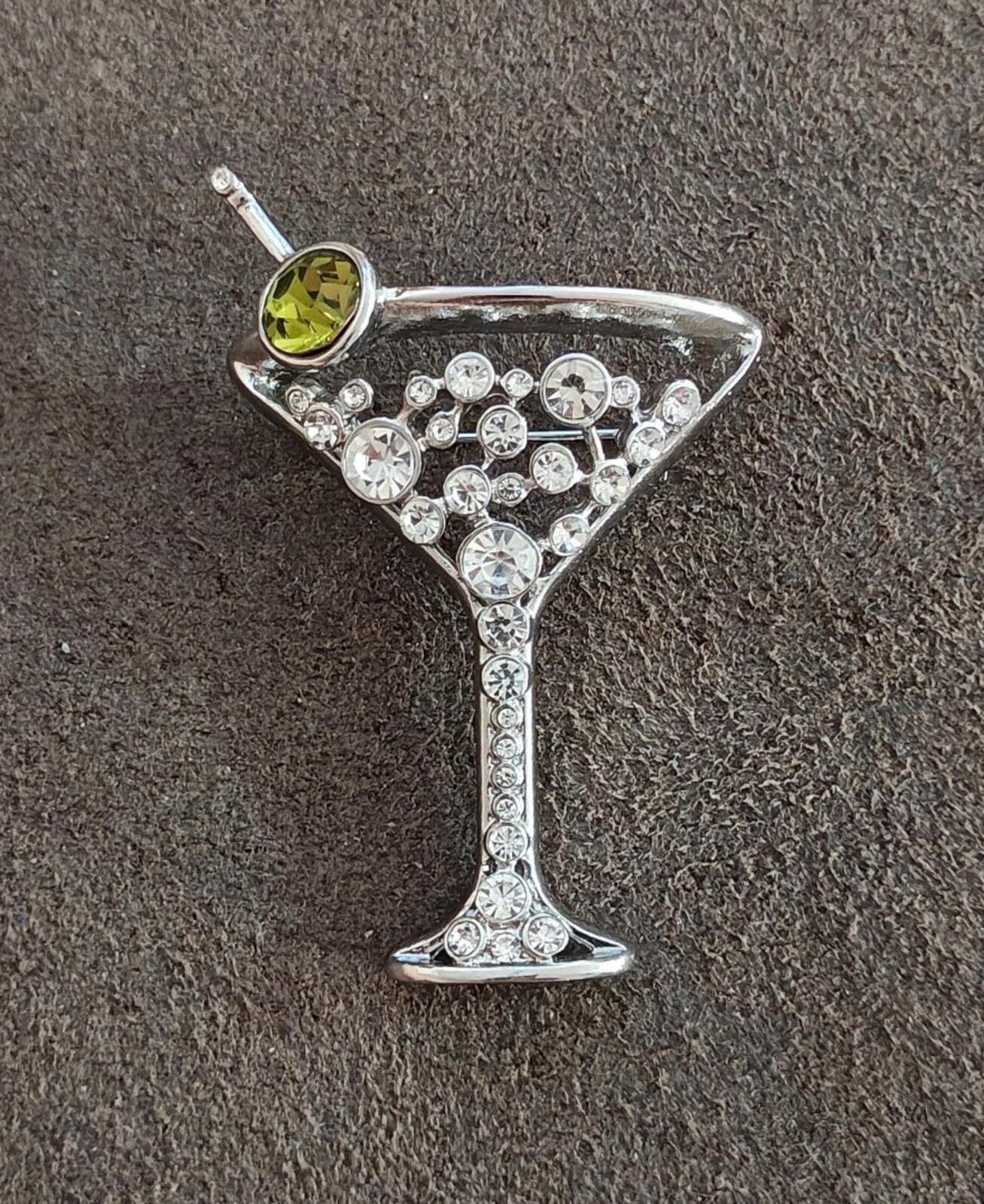 Chico's Silver Tone With Peridot Green Rhinestone Martini Glass Brooch