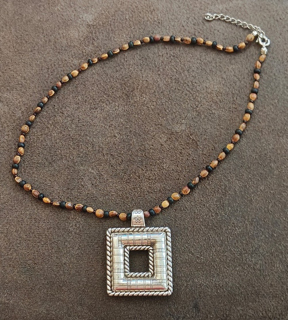 Retired Brighton "Cabana" Square  Pendant Necklace With Custom Beaded Strand