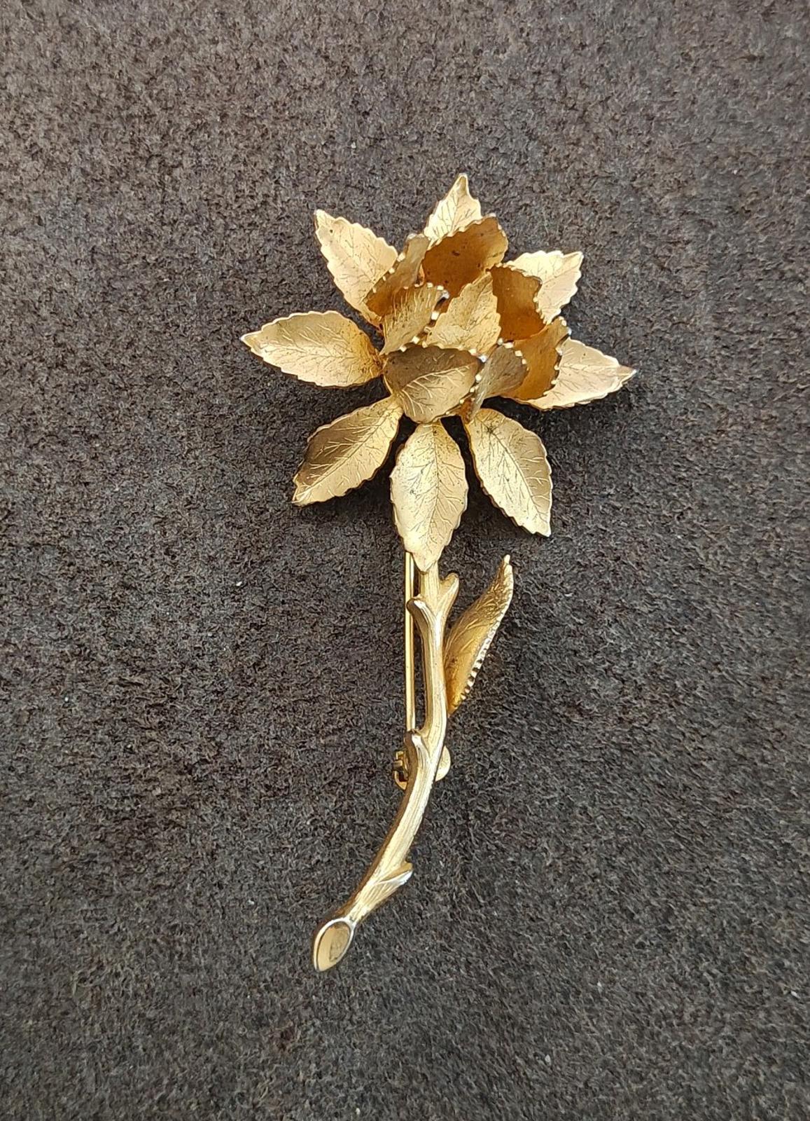 1970s Gold Tone Textured Rose Brooch Pin