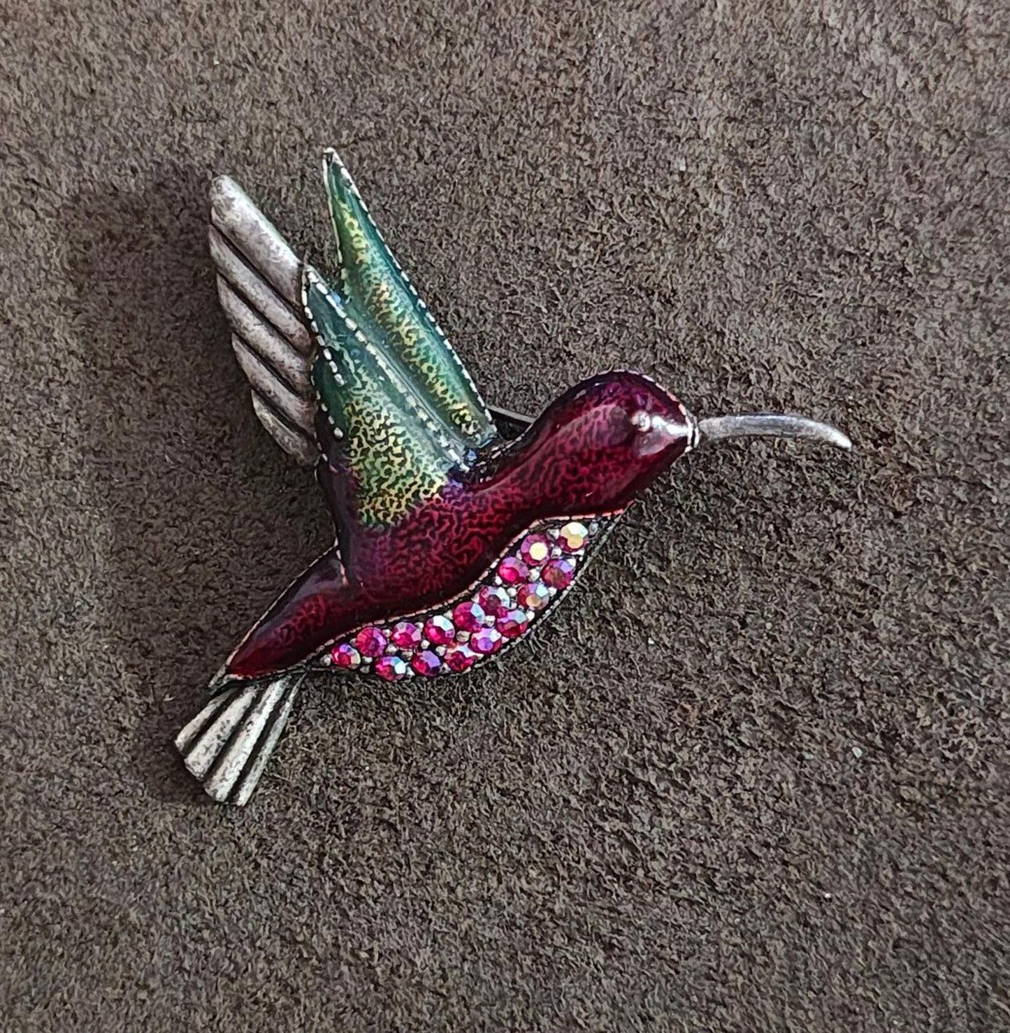 1980's Vintage Silver Tone With Rhinestones Enamel Hummingbird Brooch Pin