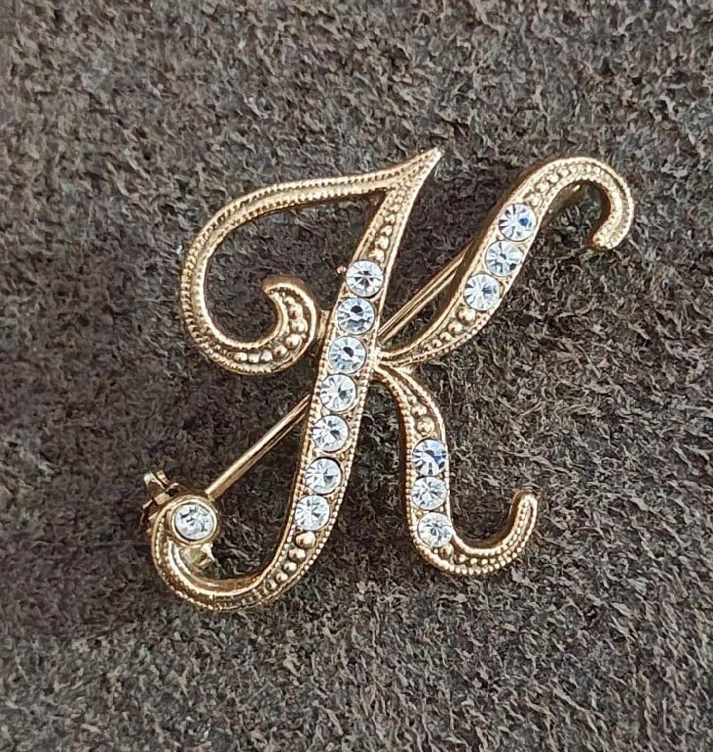 1980's Monogram Initial K with Rhinestones Gold Tone Brooch Pin