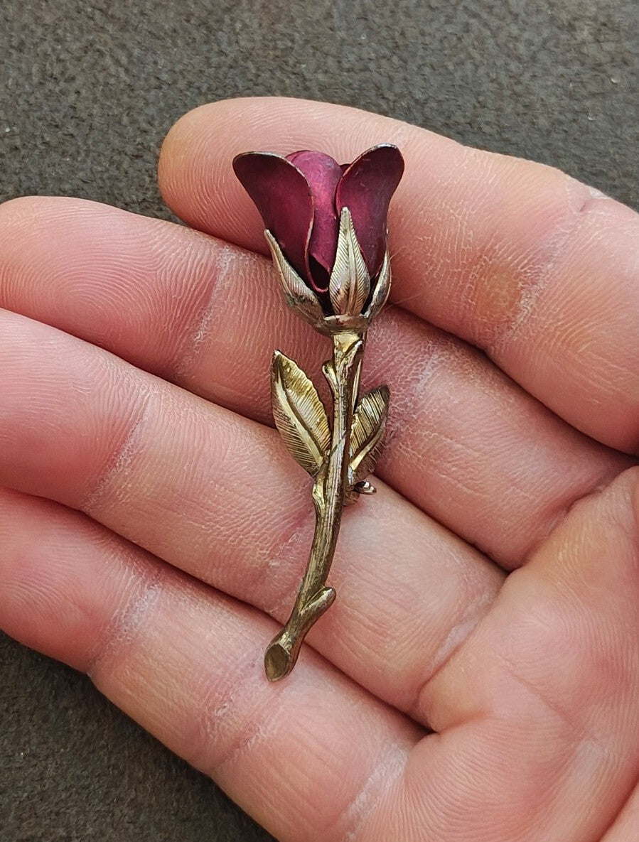 1960s Gold Tone Red Enamel Rose Bud With Stem Brooch Pin