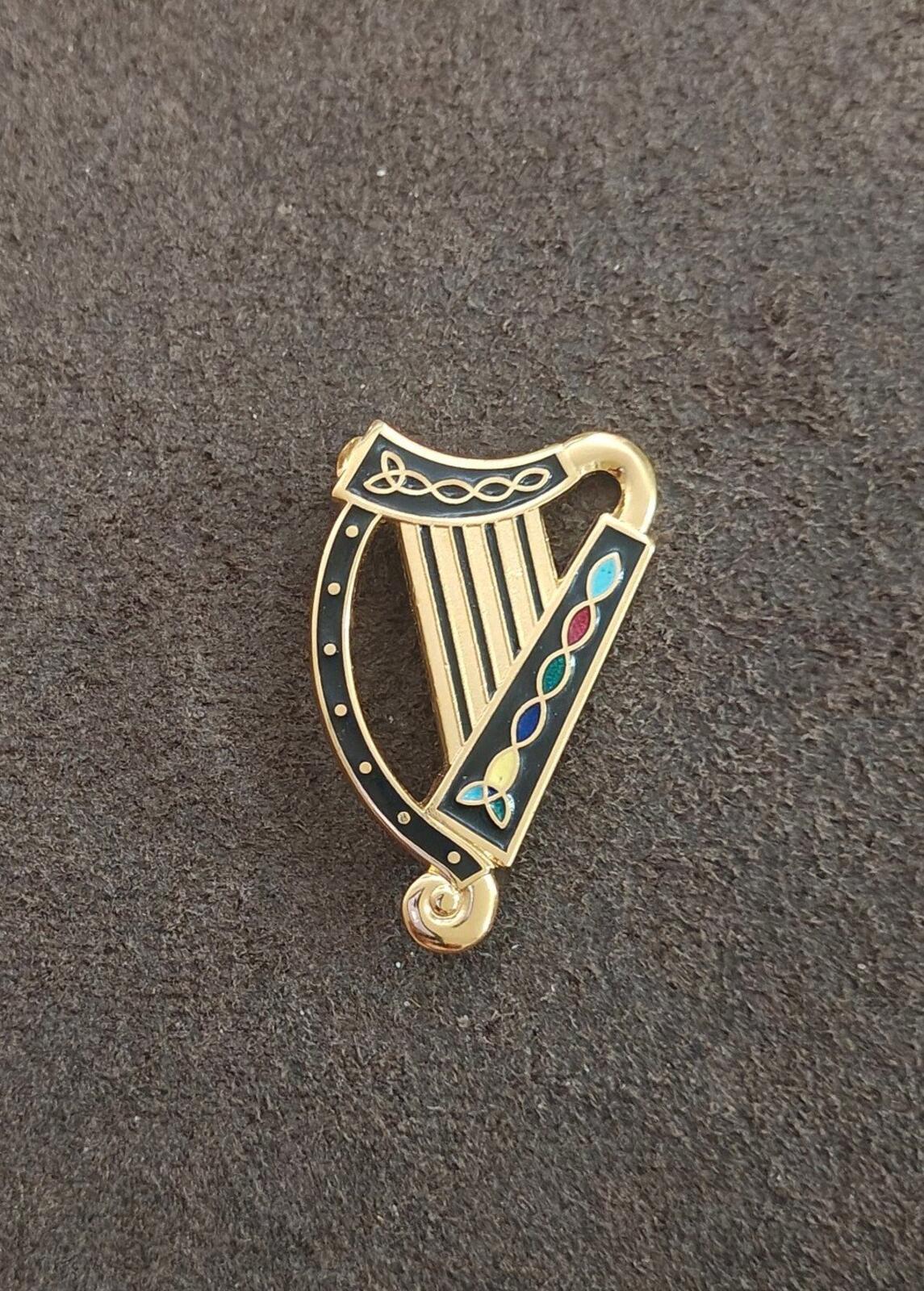 1980s Gold Tone With Black Enamel Irish Celtic Harp