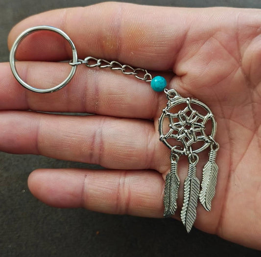 1990s Vintage Silver Tone With Faux Turquoise Bead Dreamcatcher Keychain