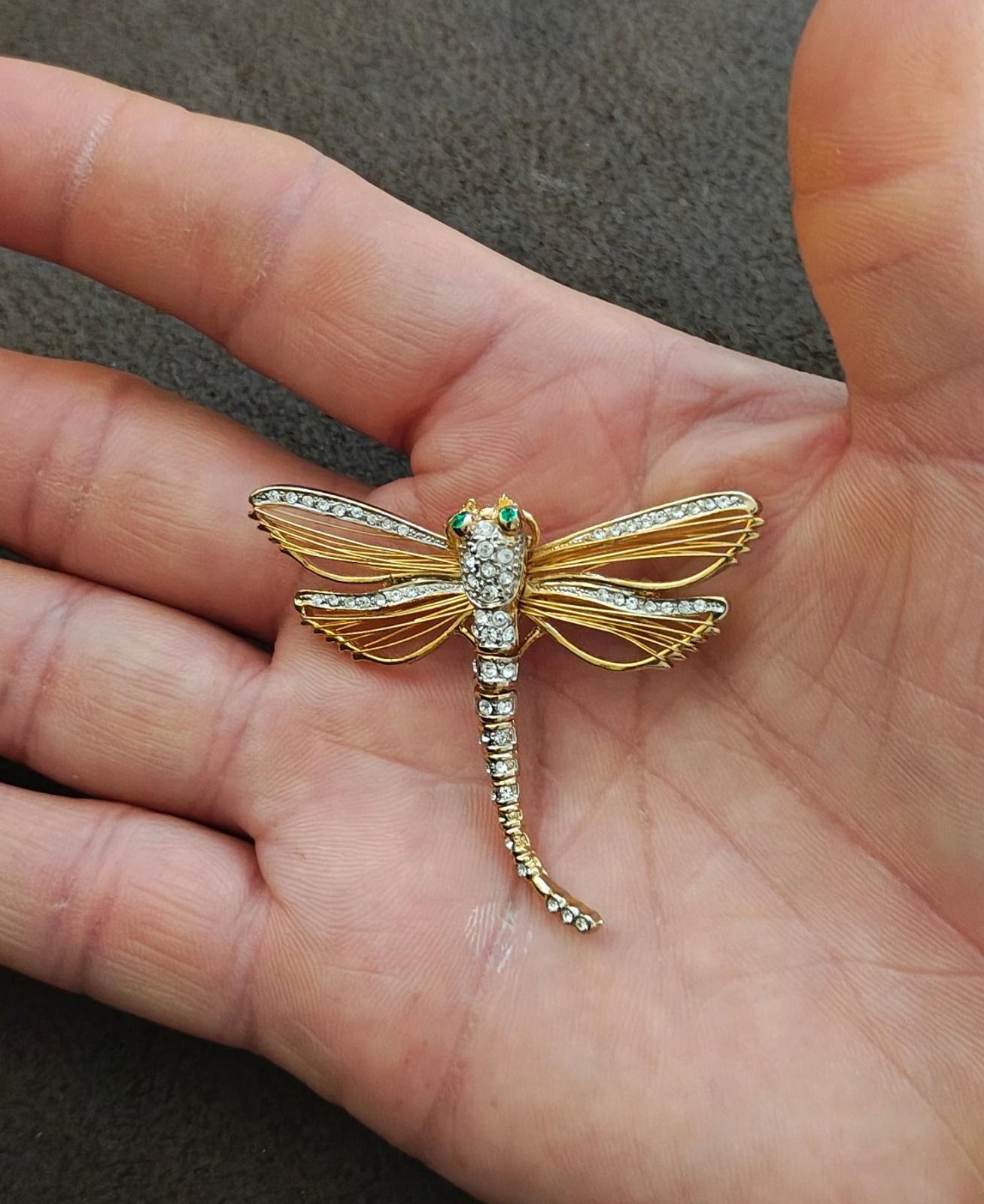 1990's Gold Tone With Clear Rhinestones and Green Enamel Eyes Dragonfly Pin