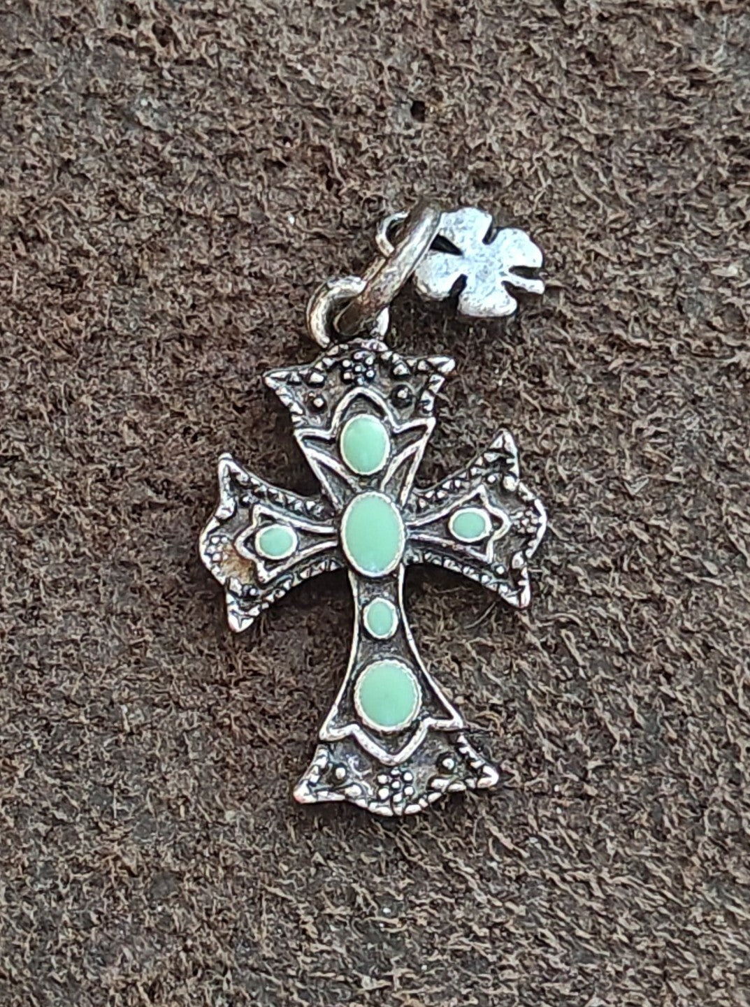1990s Lucky Brand Antiqued Silver With Faux Turquoise Southwestern Cross Pendant