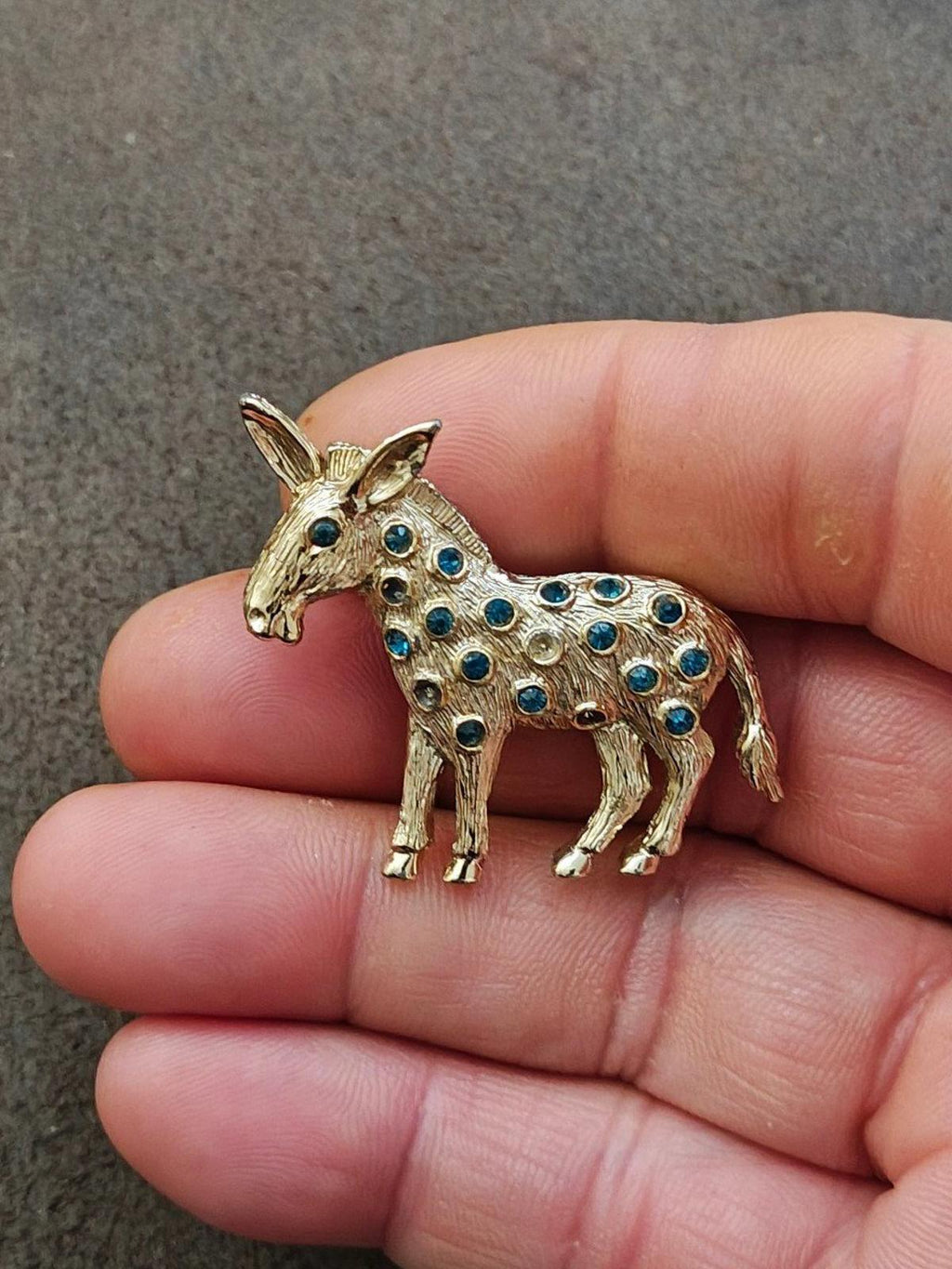 1950s/60s Vintage Dodds Donkey With Blue Rhinestones Gold Tone Brooch Pin