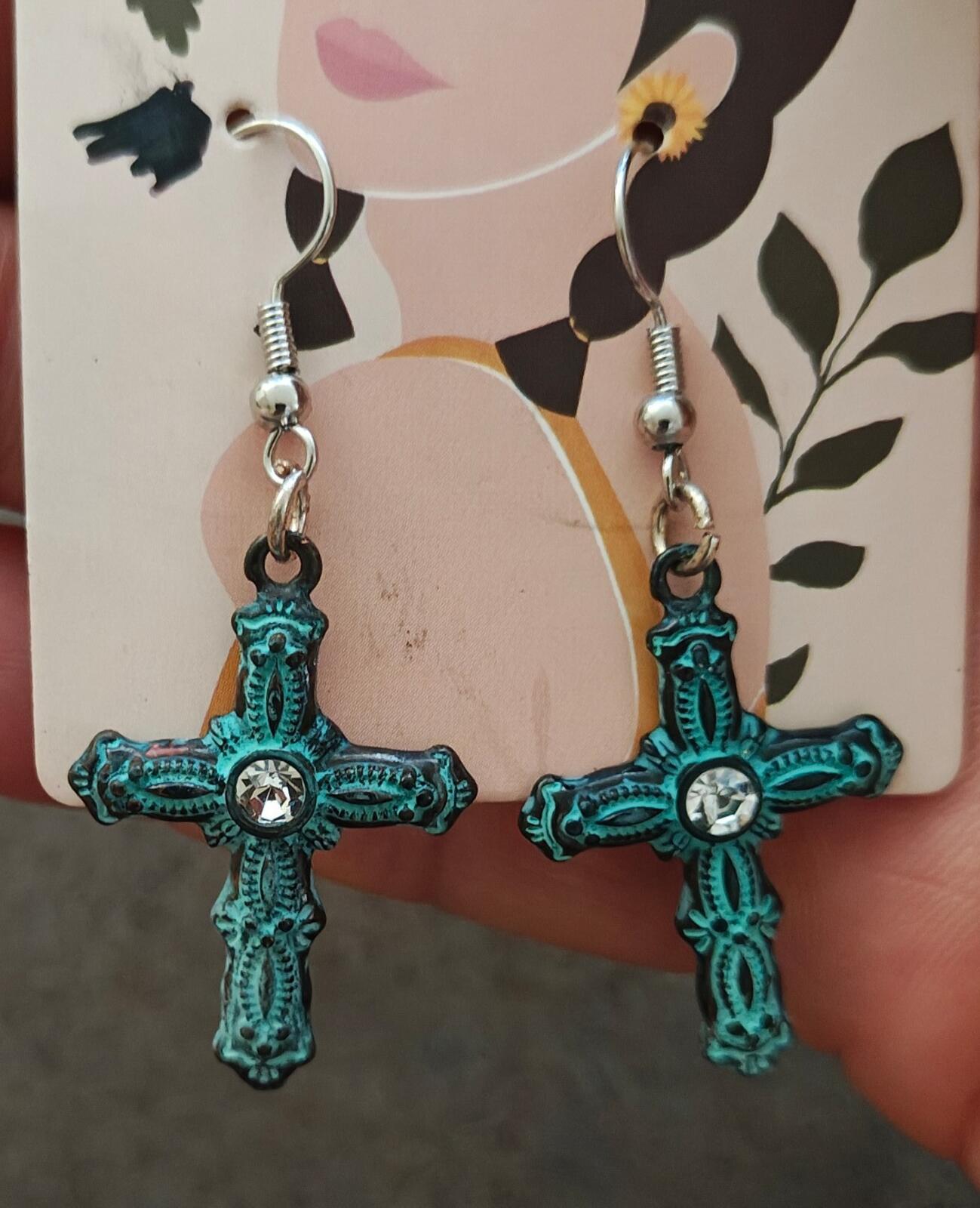 Antique Style Turquoise Cross Earrings Rhinestone Center Silver Tone Ear Wires