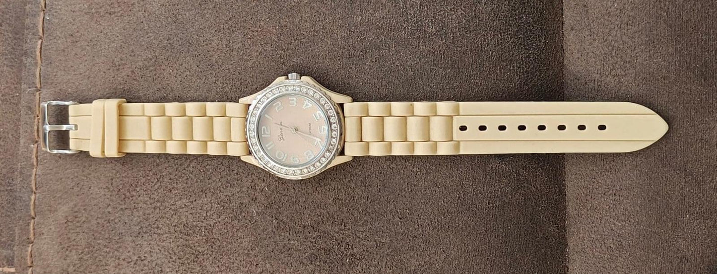 Geneva Platinum Beige Dial Rhinestones Bezel  Beige Silicone Watch