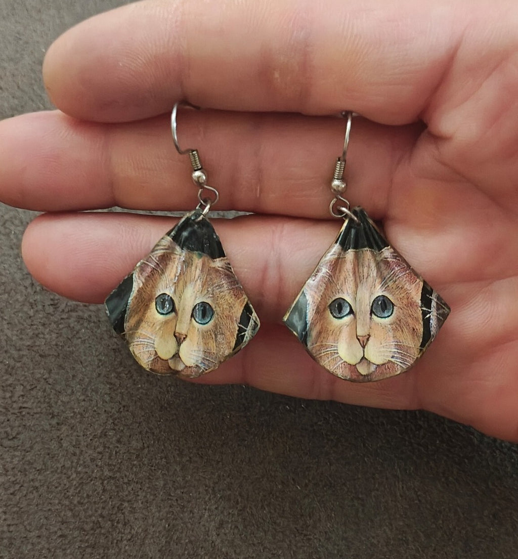 Handmade Cat Face Dangle Earrings Orange Tabby Kitten
