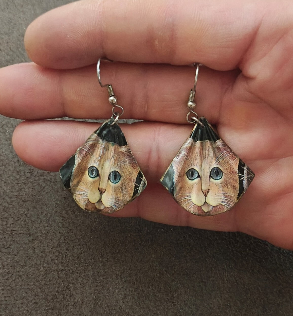 Handmade Cat Face Dangle Earrings Orange Tabby Kitten