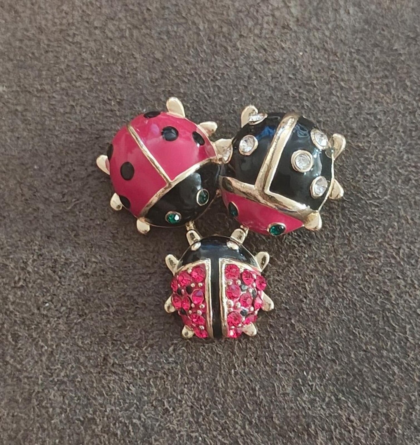 Gold Tone With Black & Red Enamel, Red & Clear Rhinestones Ladybug Trio Brooch