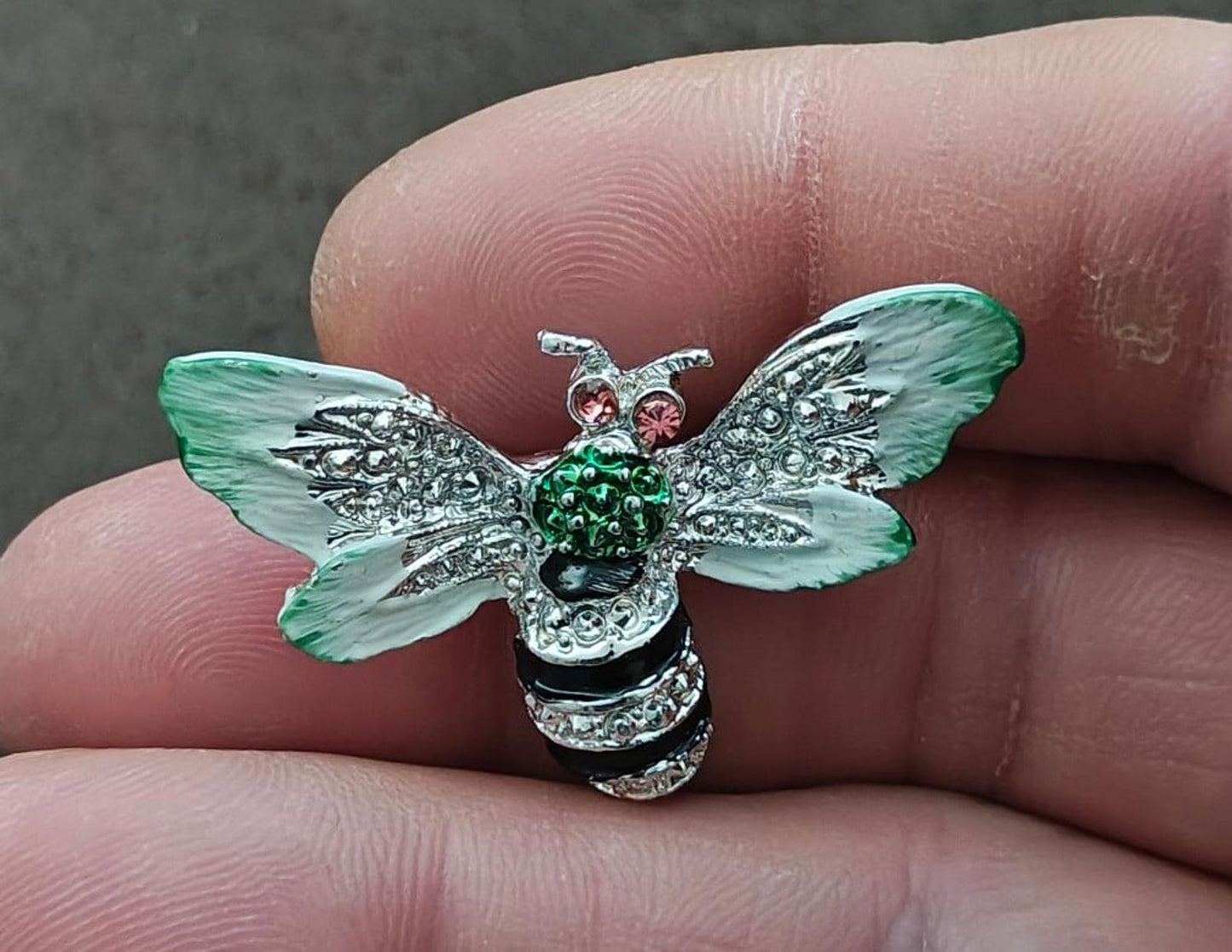 1980s Silver Tone Bumblebee With Pink Rhinestone Eyes Enamel Brooch Pin