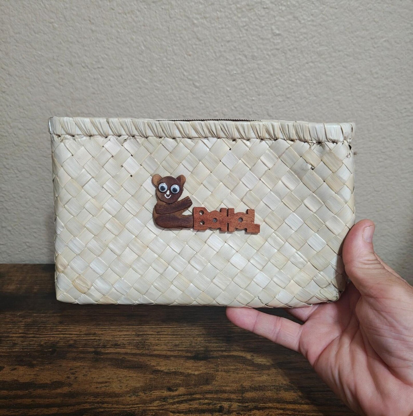 Traditional Handwoven Souvenir Pouch With Wooden Philippine Tarsier Emblem