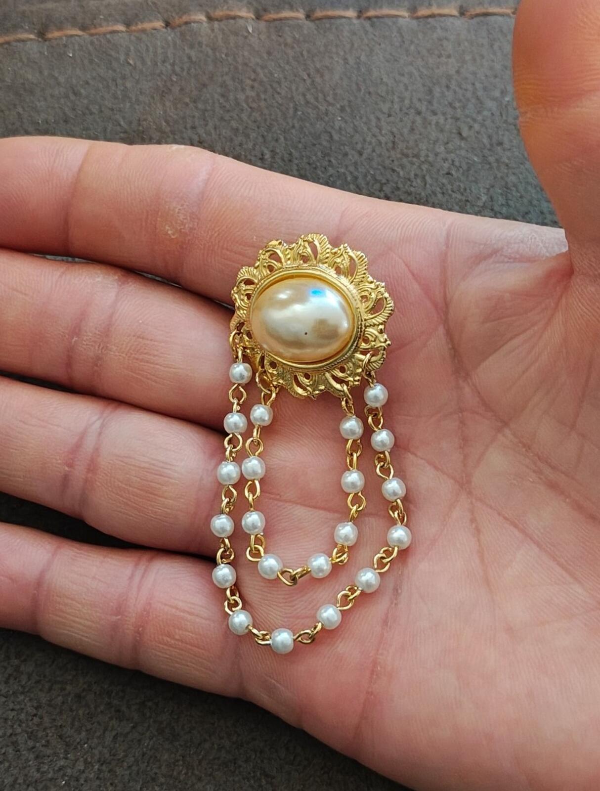 1980s Gold Tone Filigree Chatelaine Brooch With a Center Faux Pearl