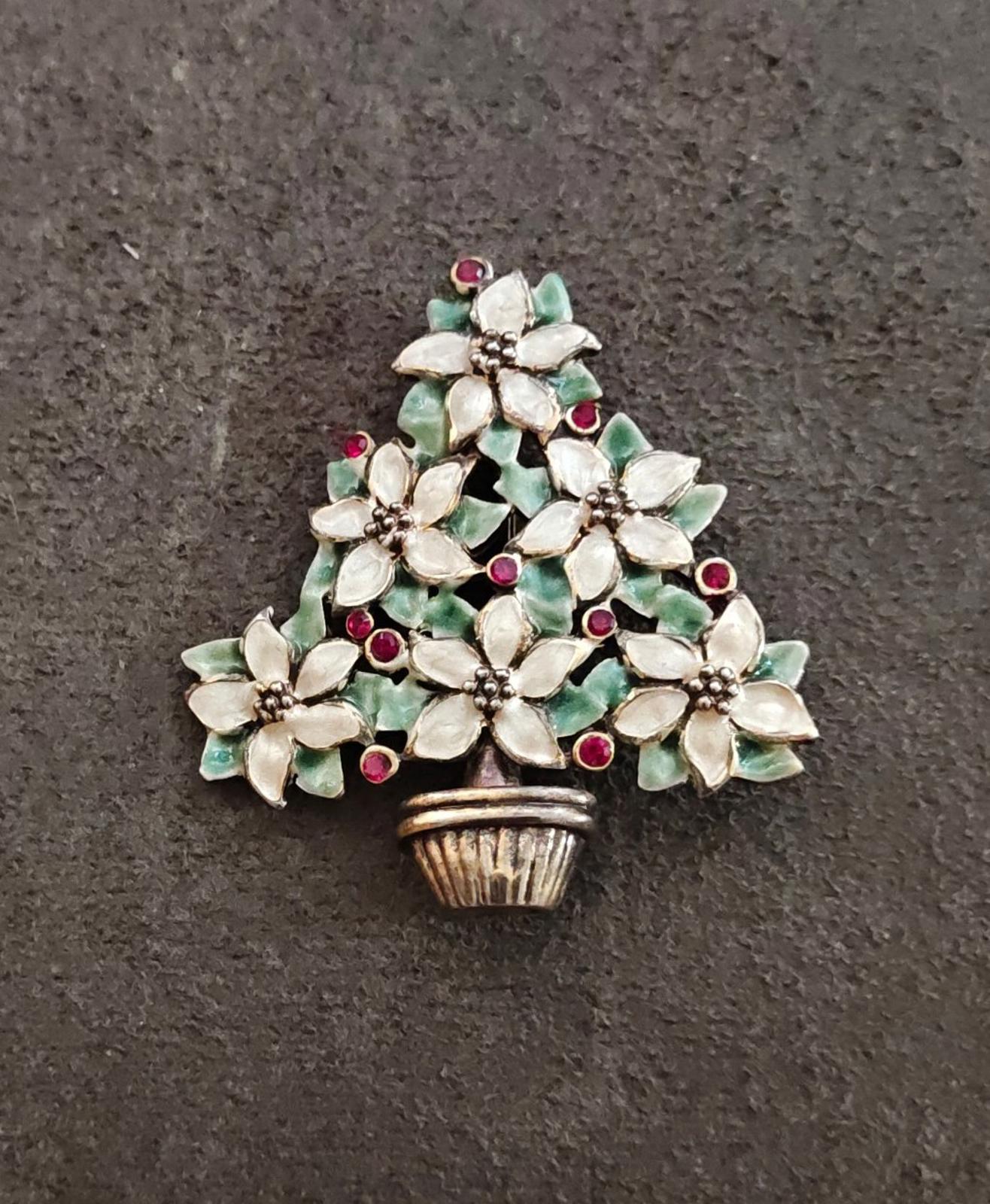 1960s Gold Tone Christmas Tree Brooch Featuring a Poinsettia Floral Design
