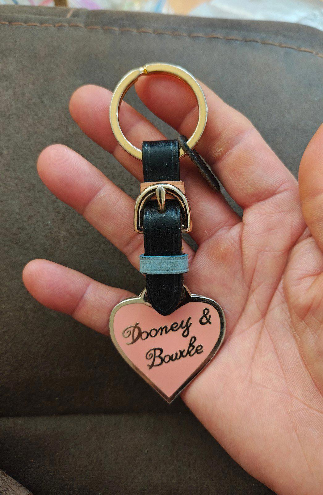 Dooney & Bourke heart keychain fob with black strap, light blue accent, gold key ring
