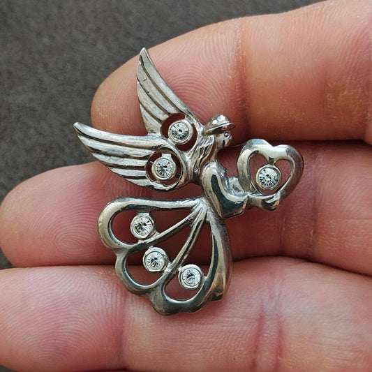 1990's Angel Of Love Angel With Heart and Clear Rhinestones Pin