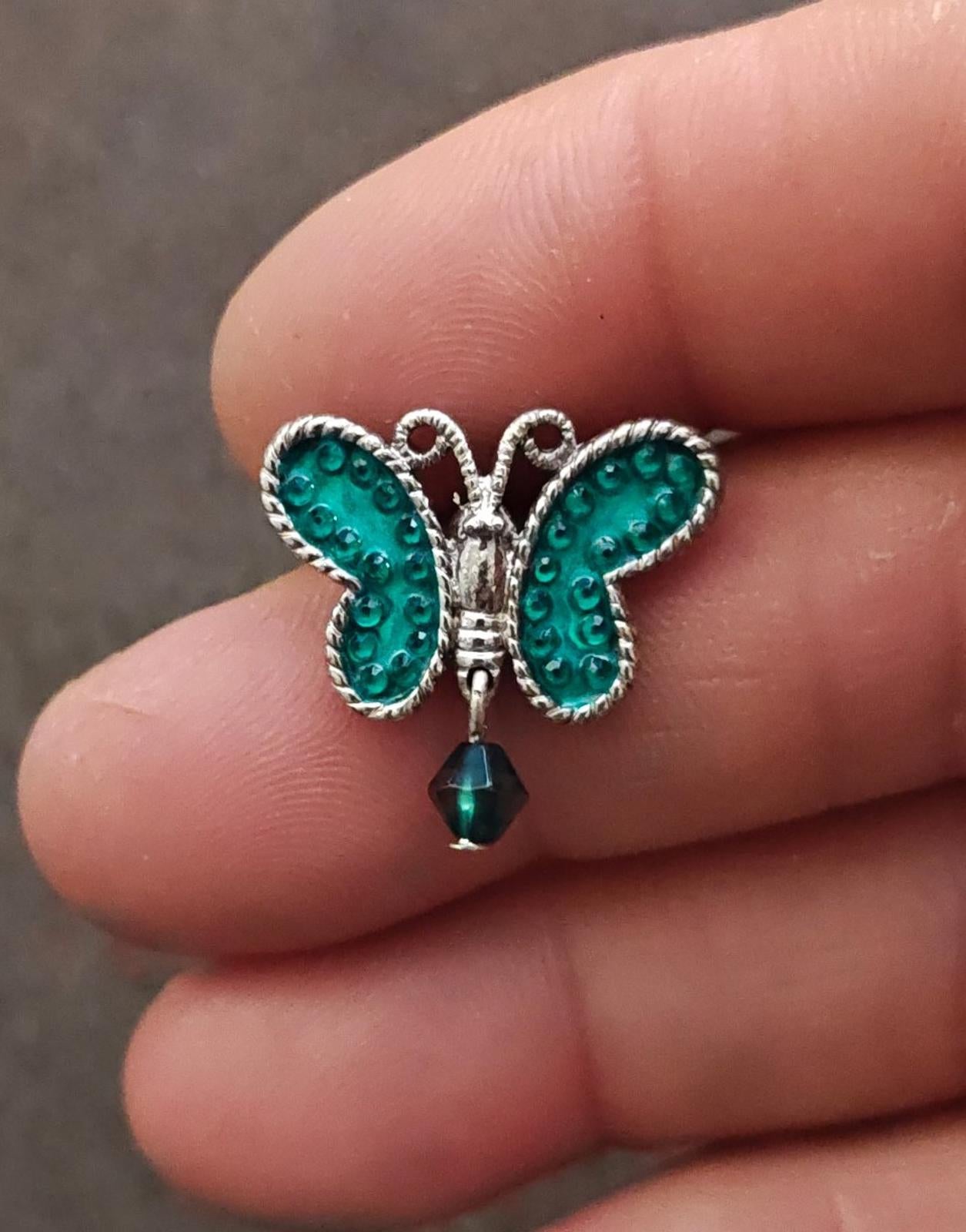 1980s Signed Avon Aqua Color Silver Tone Butterfly Dangle Pin