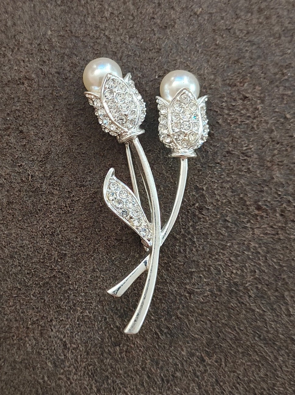 1990s Silver Tone With Sparkling Rhinestones Tulips With Faux Pearls Brooch