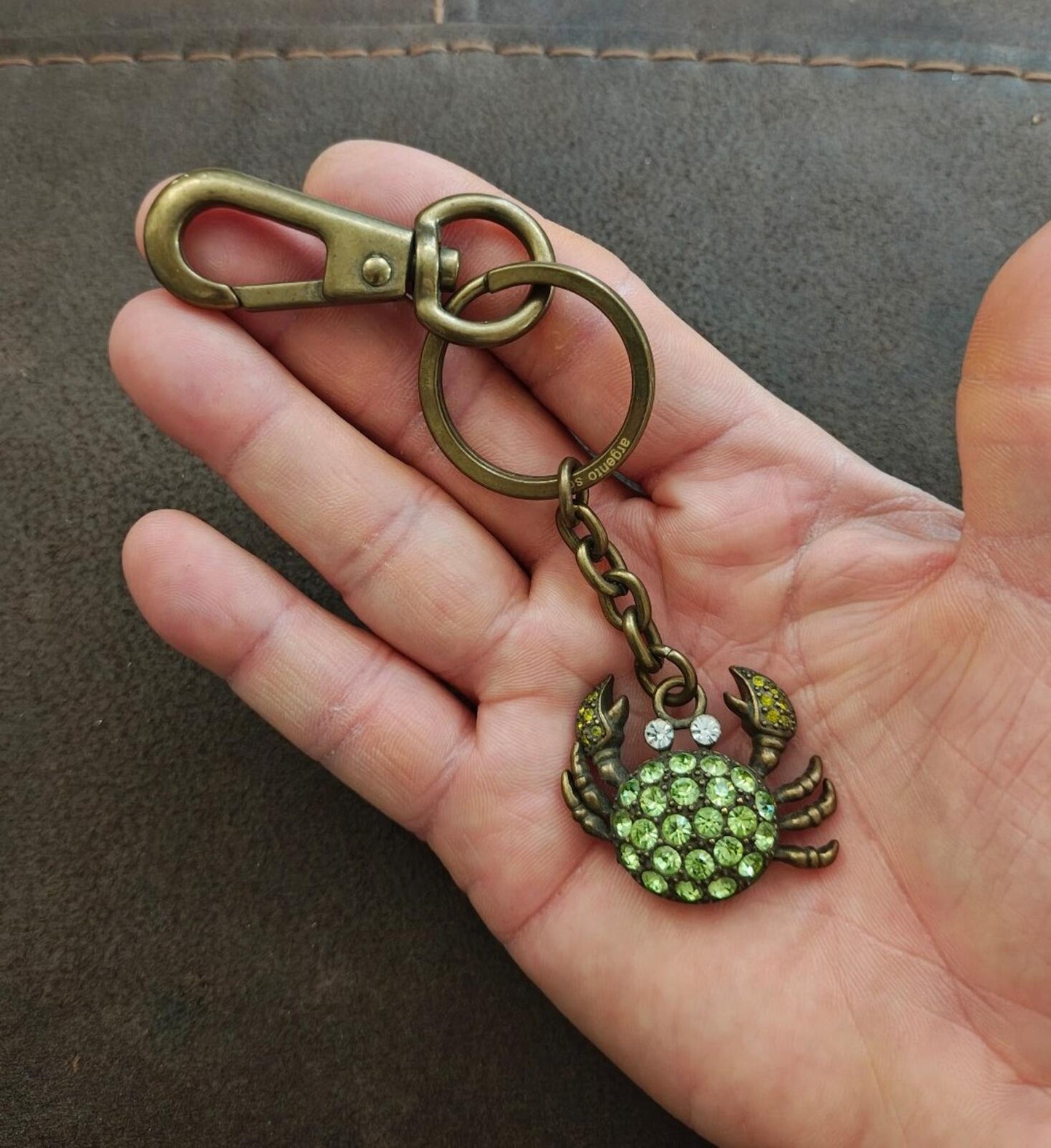 1990s Argento SC Green With Crystalized Swarovski Elements Crab Keychain
