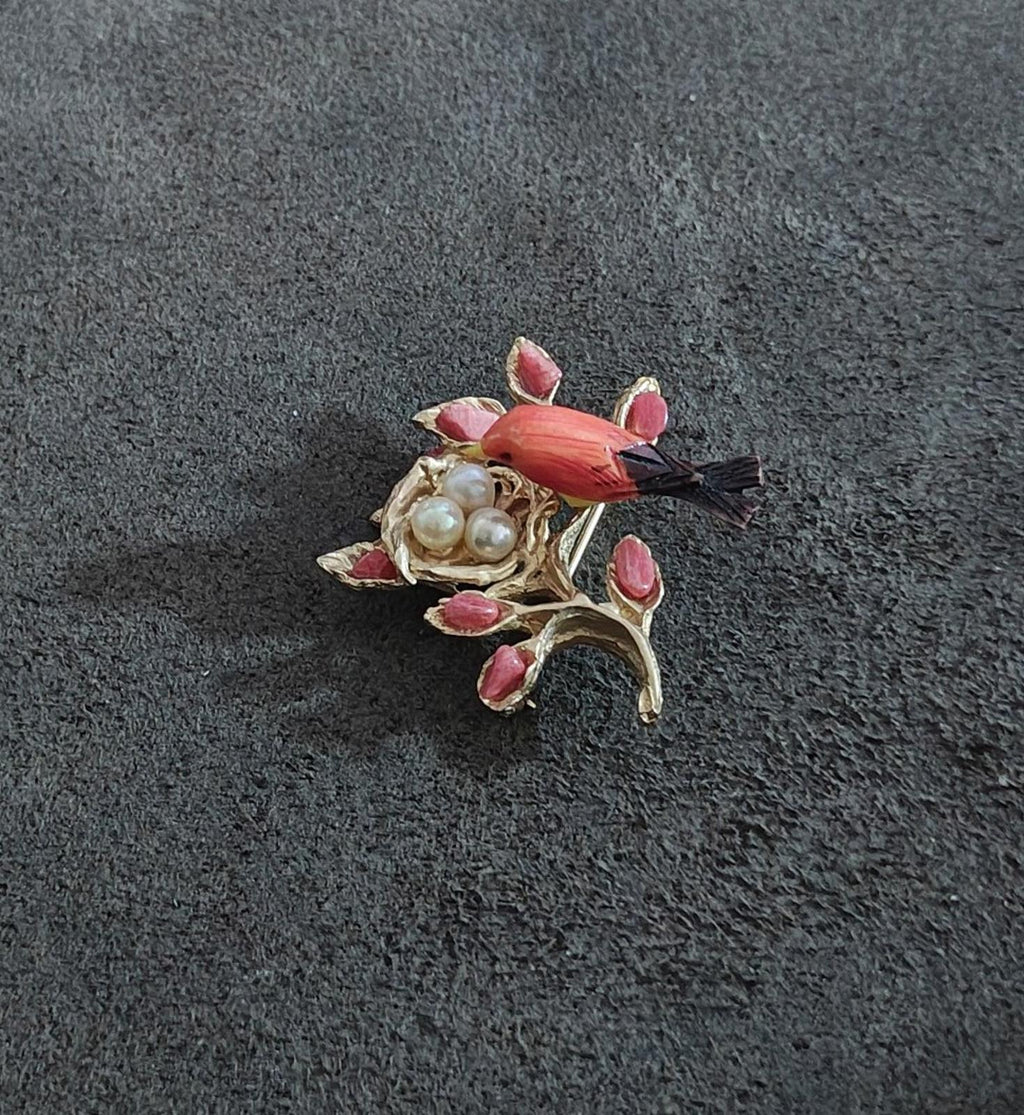 1960's Swoboda Mama Bird in a Nest full of Cultured Pearls Brooch Pin