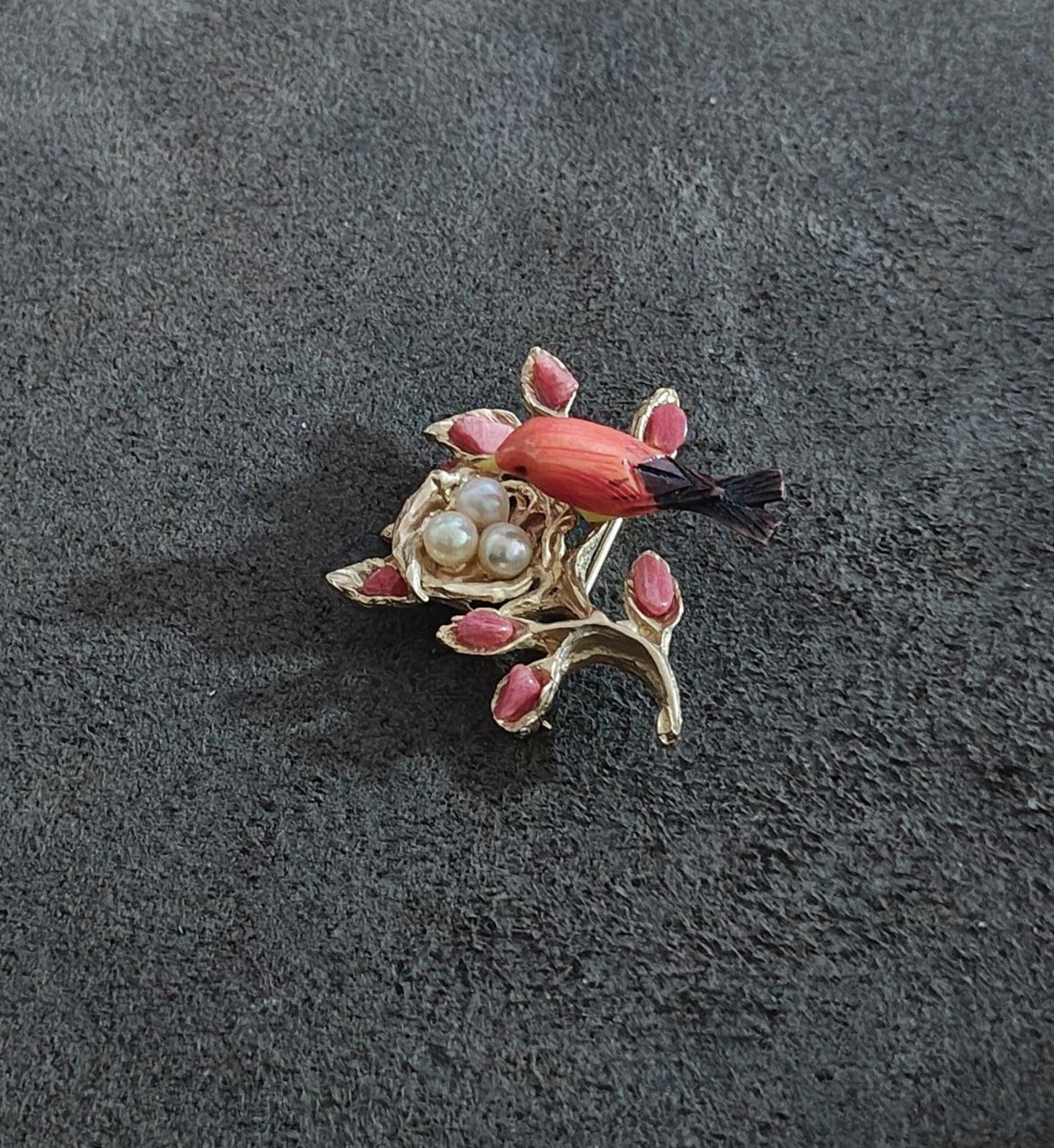 1960's Swoboda Mama Bird in a Nest full of Cultured Pearls Brooch Pin