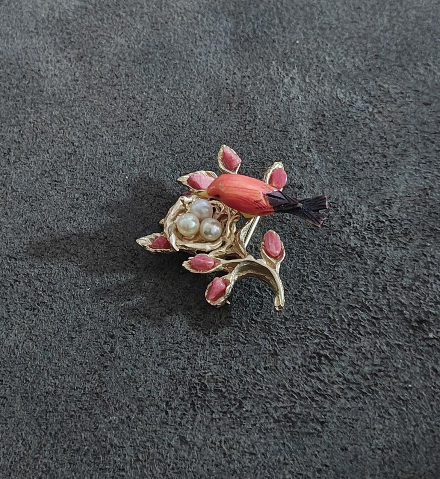 1960's Swoboda Mama Bird in a Nest full of Cultured Pearls Brooch Pin