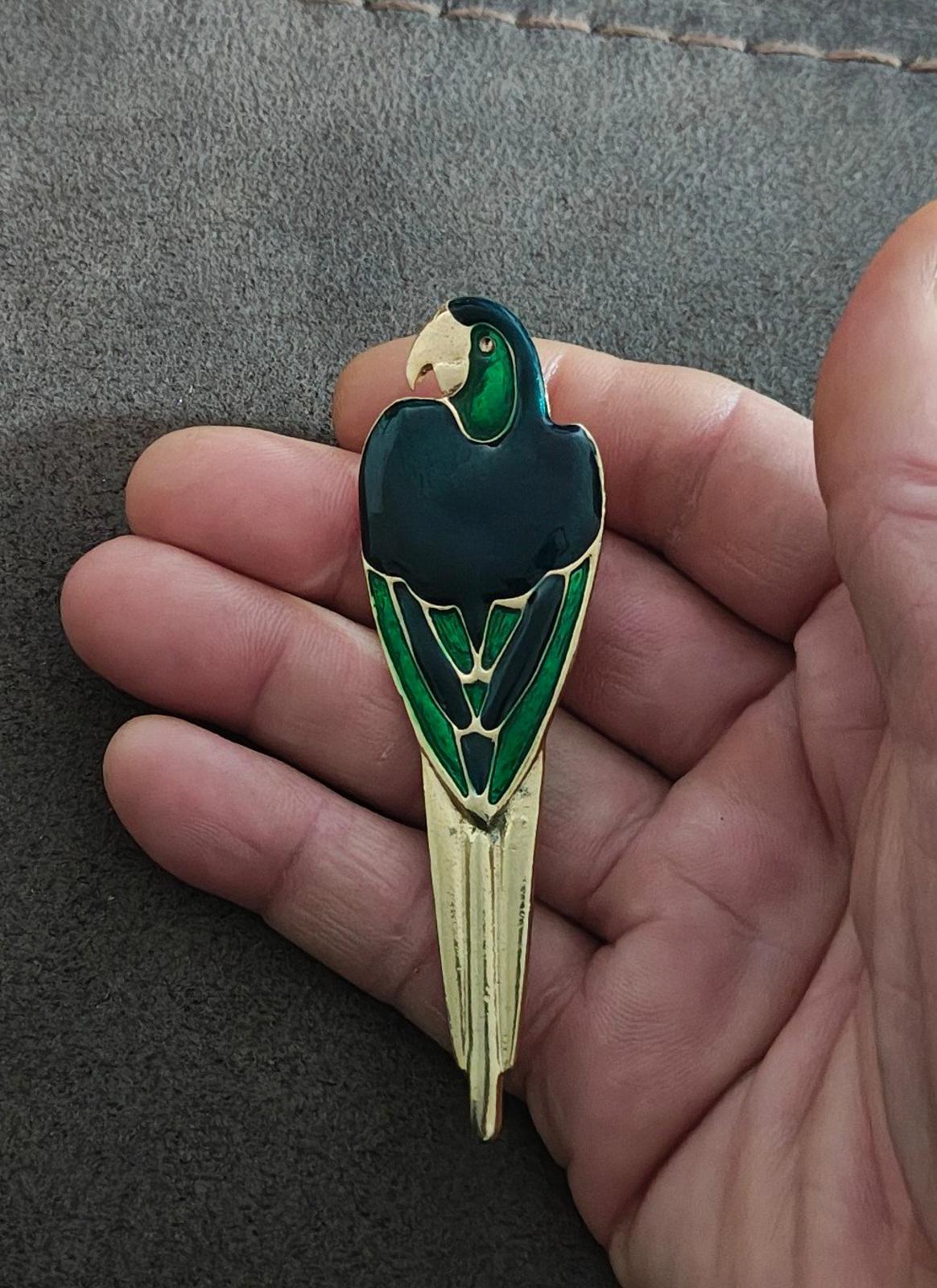 1990's Vintage Gold Tone Blue Green Enamel Parrot Brooch Pin
