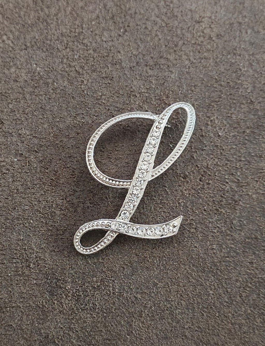 Silver Tone Monogram Initial "L" With Sparkling Clear Rhinestones Brooch