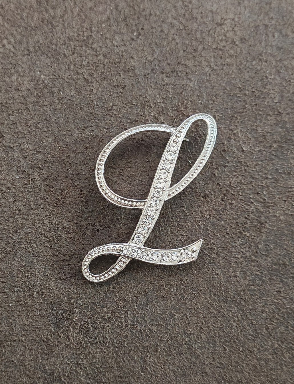 Silver Tone Monogram Initial "L" With Sparkling Clear Rhinestones Brooch