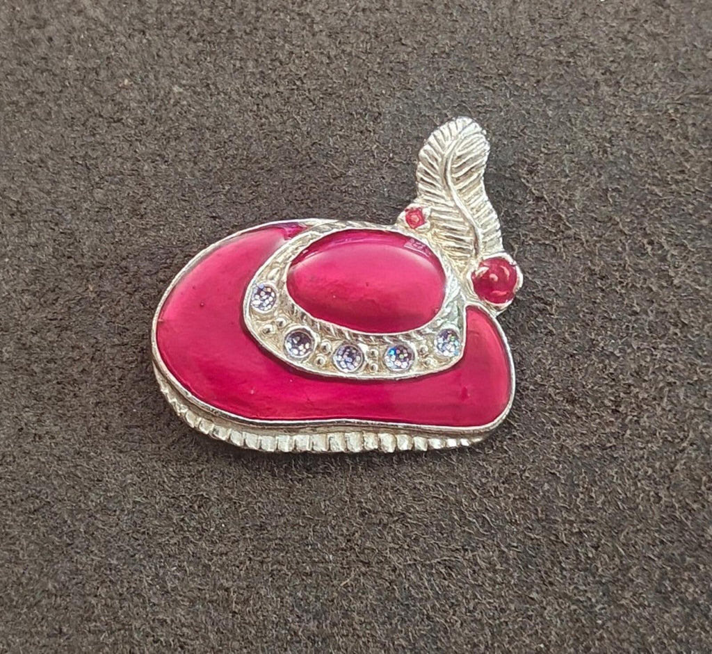 Red enamel heart brooch with silver-tone leaf top and red bead cluster