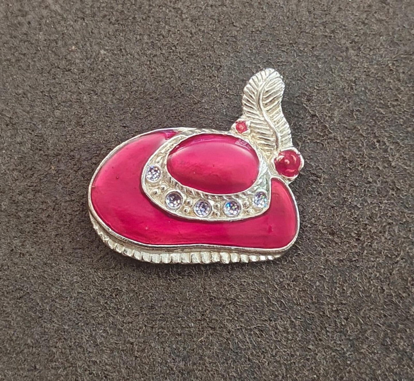 1990s Red Hat Society Silver Tone With Red Enamel & Glitter Accents Brooch