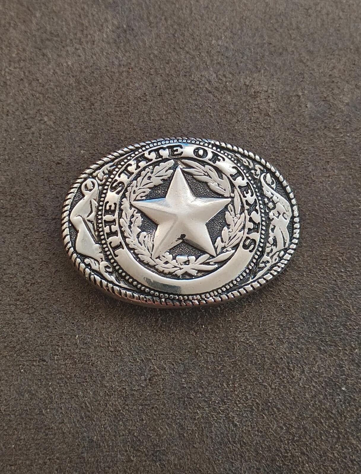 80s Silver Tone Western Style "The State of Texas" Lone Star Emblem Belt Buckle