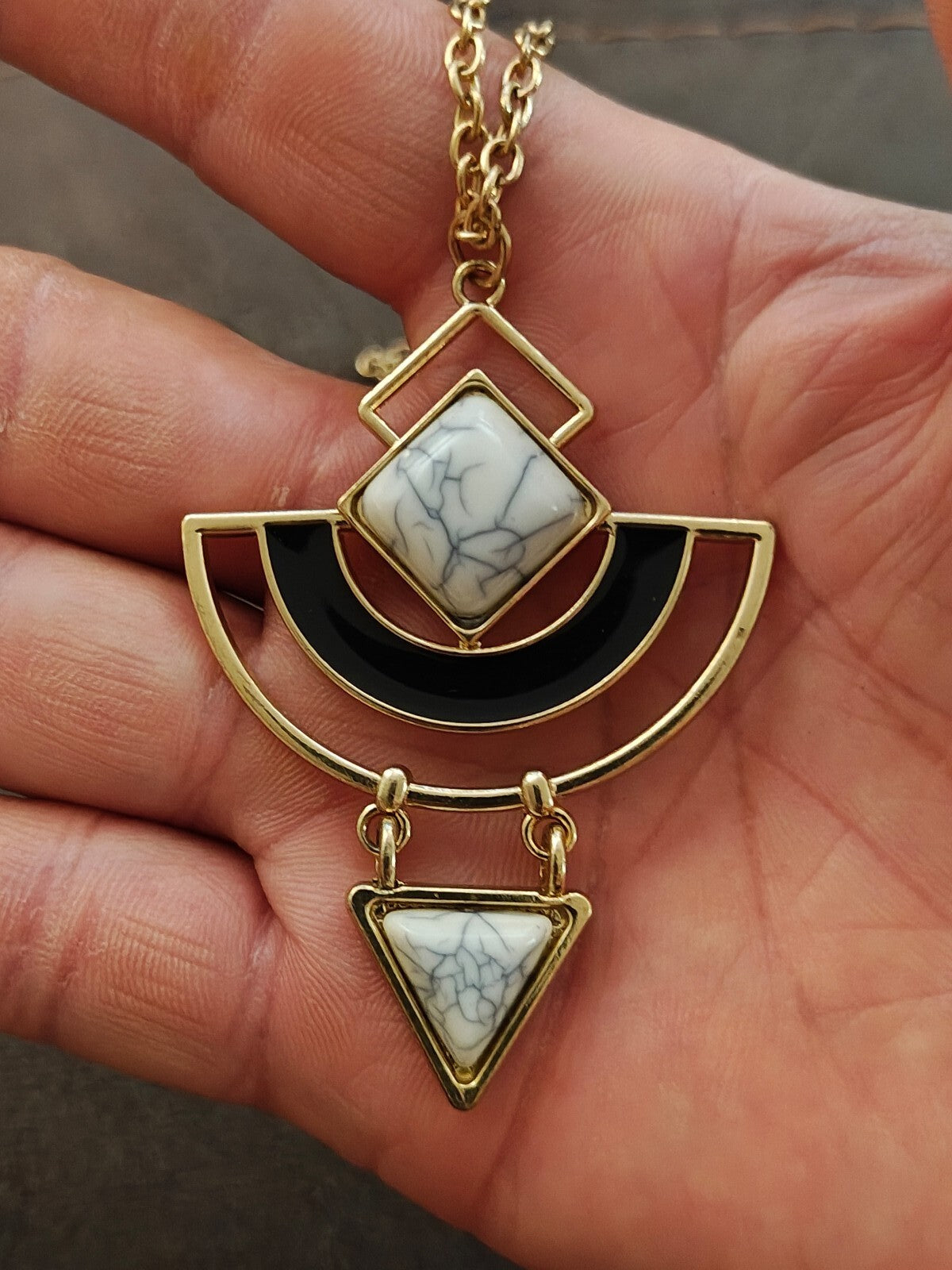 Modern Geometric Abstract Gemmed Gold Tone Pendant Necklace