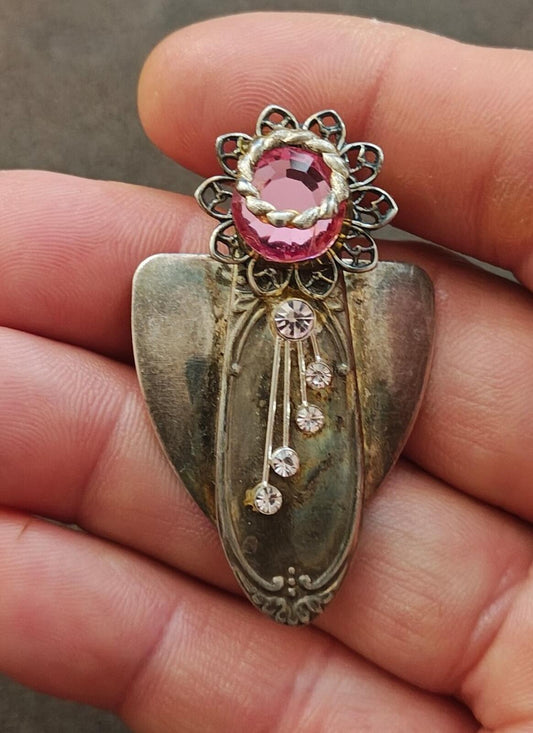 Unique Handcrafted Silver Tone Angel With Rhinestones Brooch