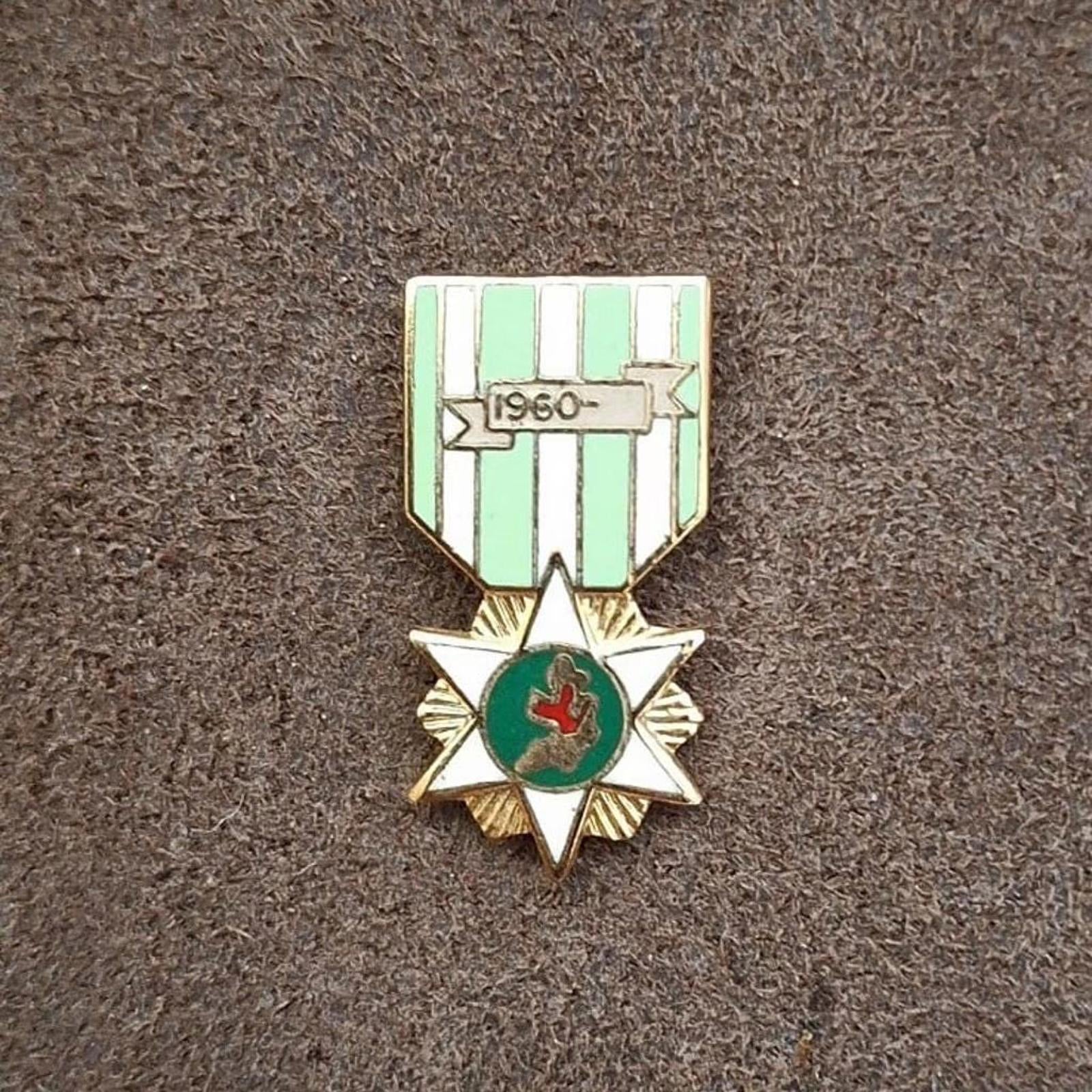 Green-and-white enamel campaign pin featuring starburst and red center emblem.