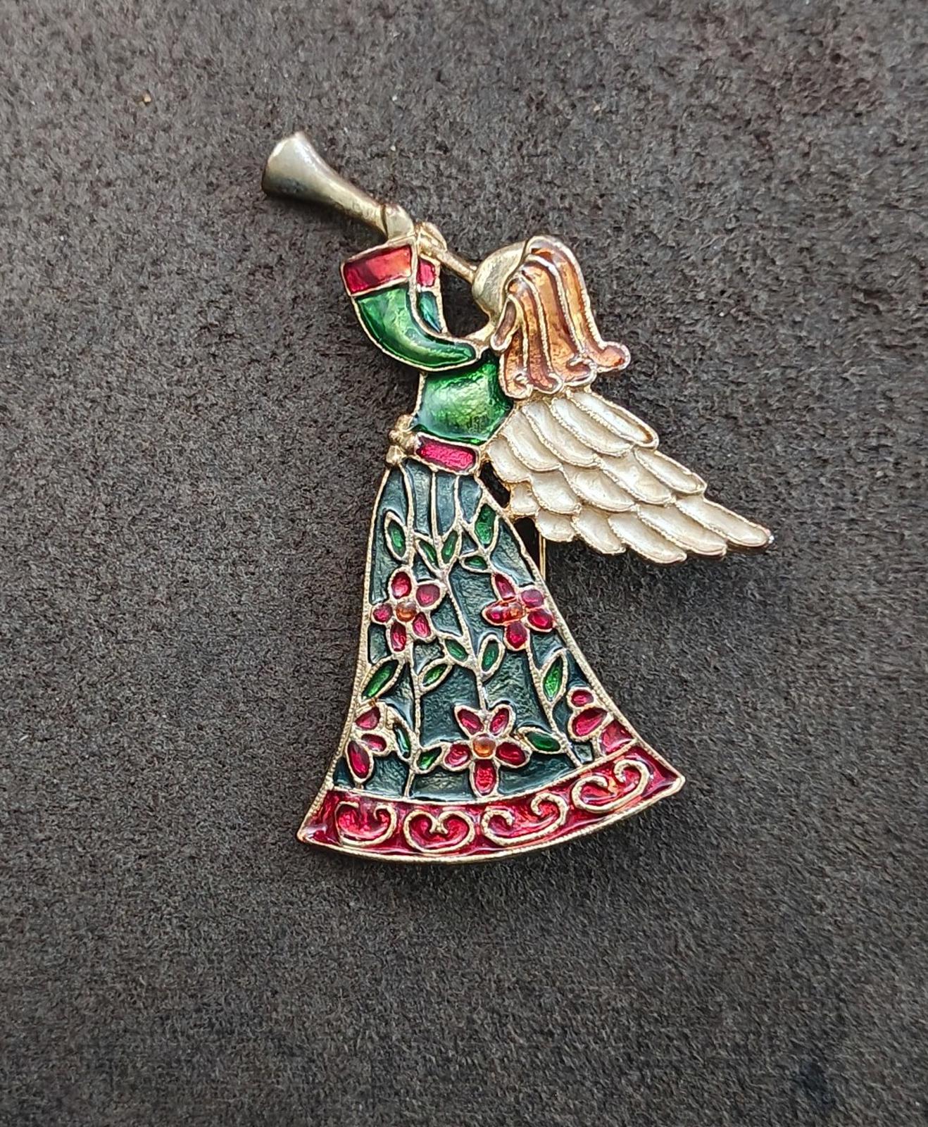 1980s Tanya's Creations Angel Blowing a Horn Gold Tone Enamel Brooch Pin