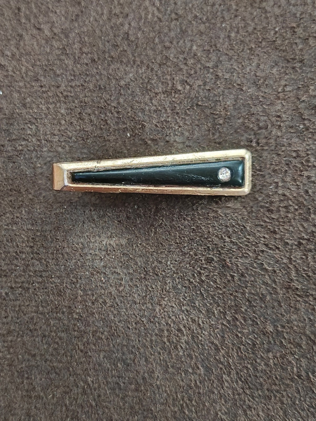 1950s/60 Gold Tone Tapered Black Inlay Tie Clip With Clear Faux Diamond Accent