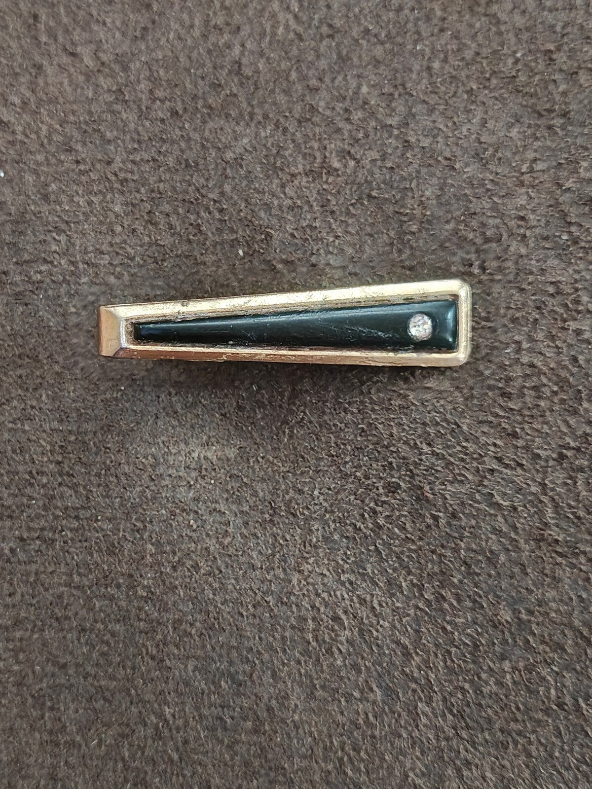1950s/60 Gold Tone Tapered Black Inlay Tie Clip With Clear Faux Diamond Accent