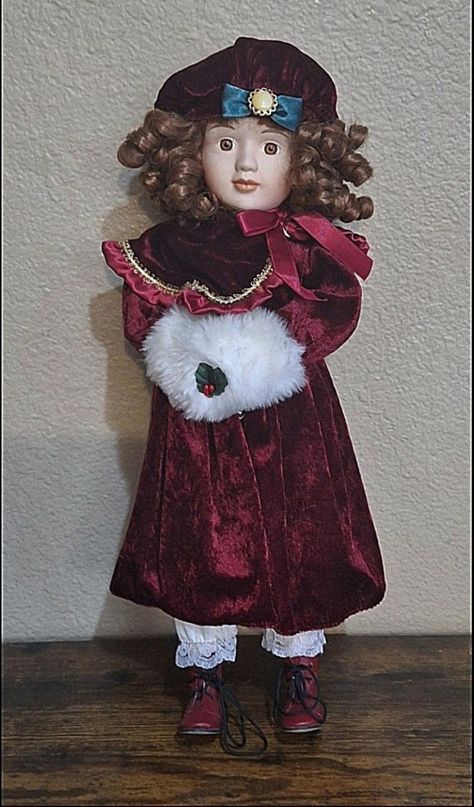 1983 Enesco Porcelain Christmas 17" Tall Doll With Cloth Body
