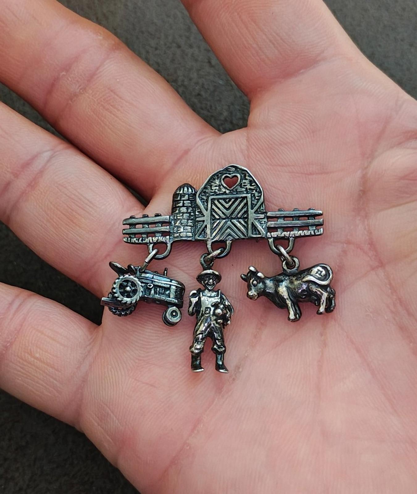 1990s Antiqued Sterling Silver Farm  Charm Dangle Pin