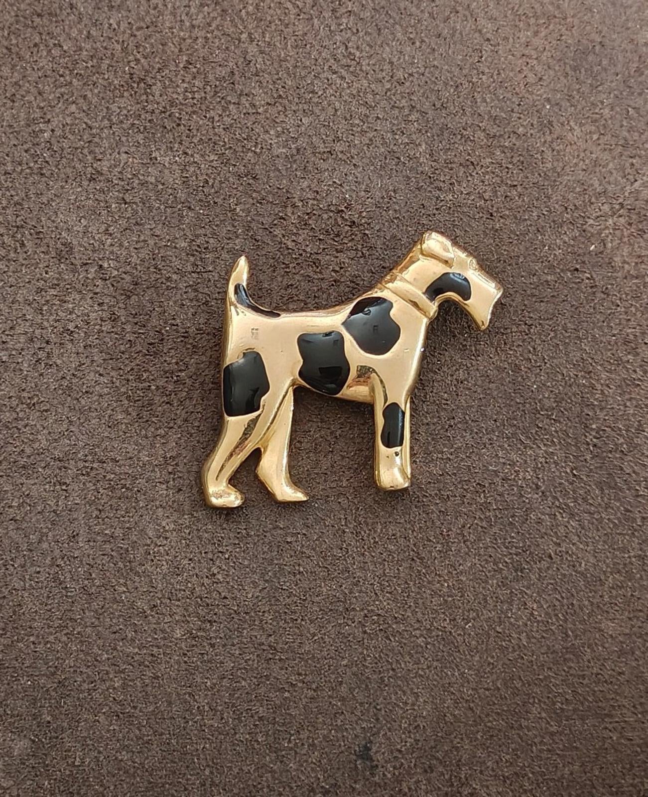 1970s Vintage Airedale Terrier Gold Tone Black Enamel With Rhinestone Eye Brooch
