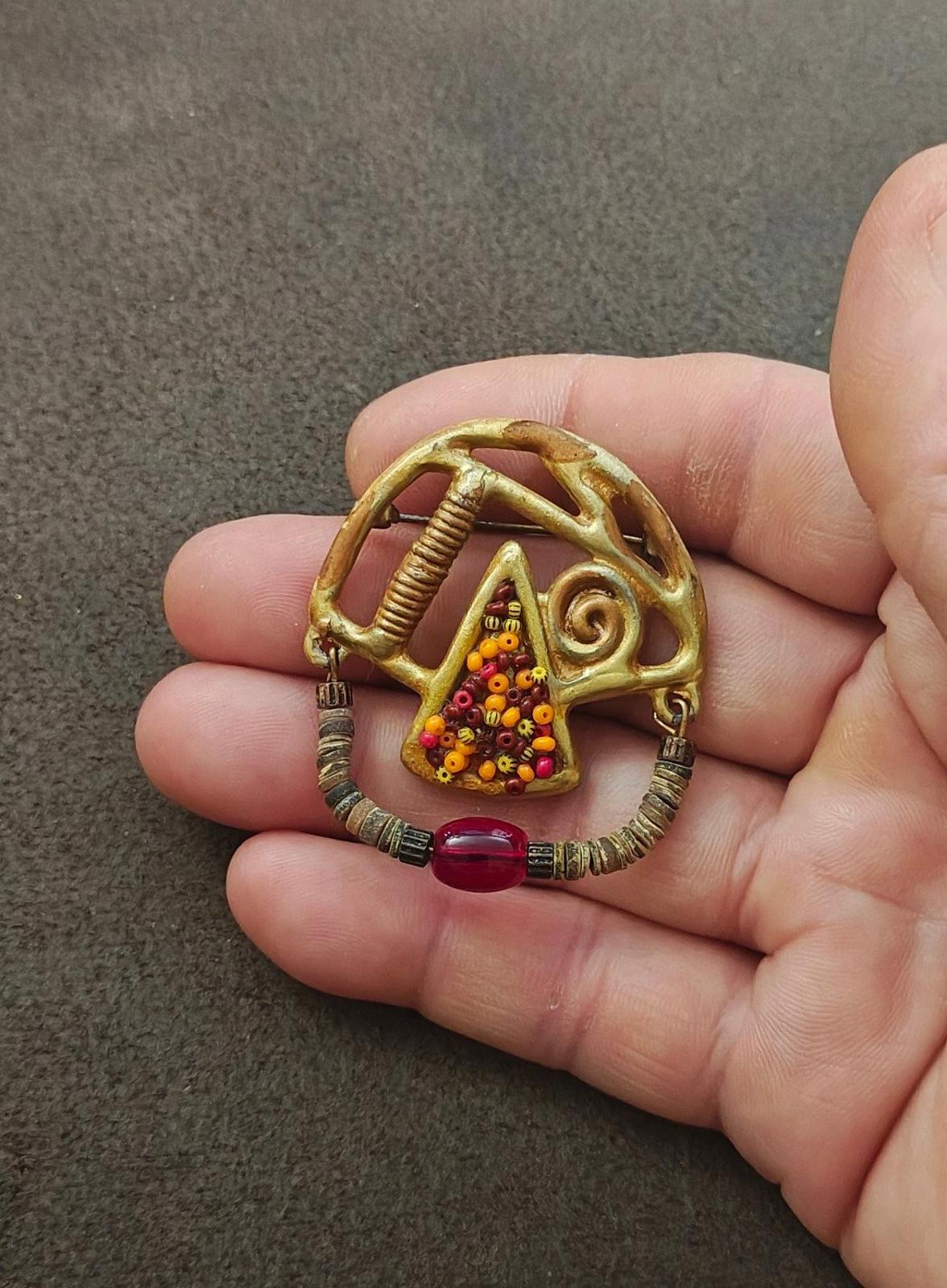 Articulated Abstract Modernist With Heishi Beads & Colorful Stones Brooch