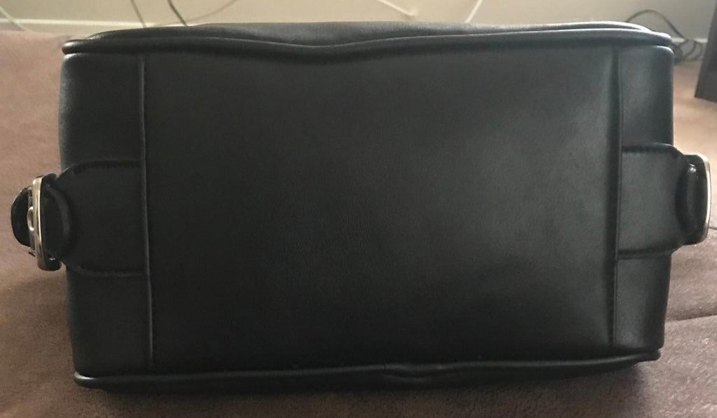 Black leather rectangular shoulder bag with zipper closure and side strap attachments