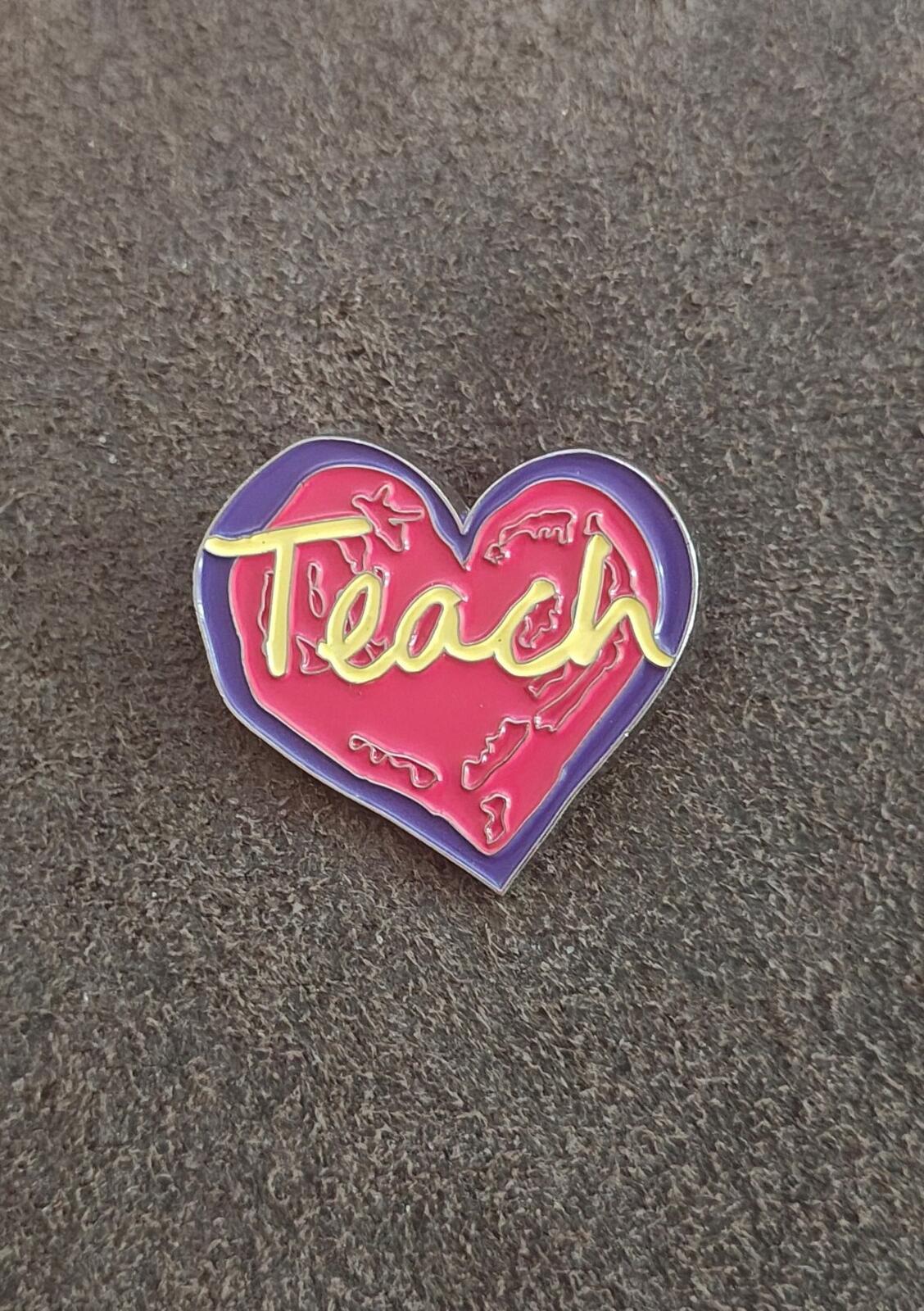 Penzeys "Teach" Heart Pin With Red, Purple & Yellow Enamel