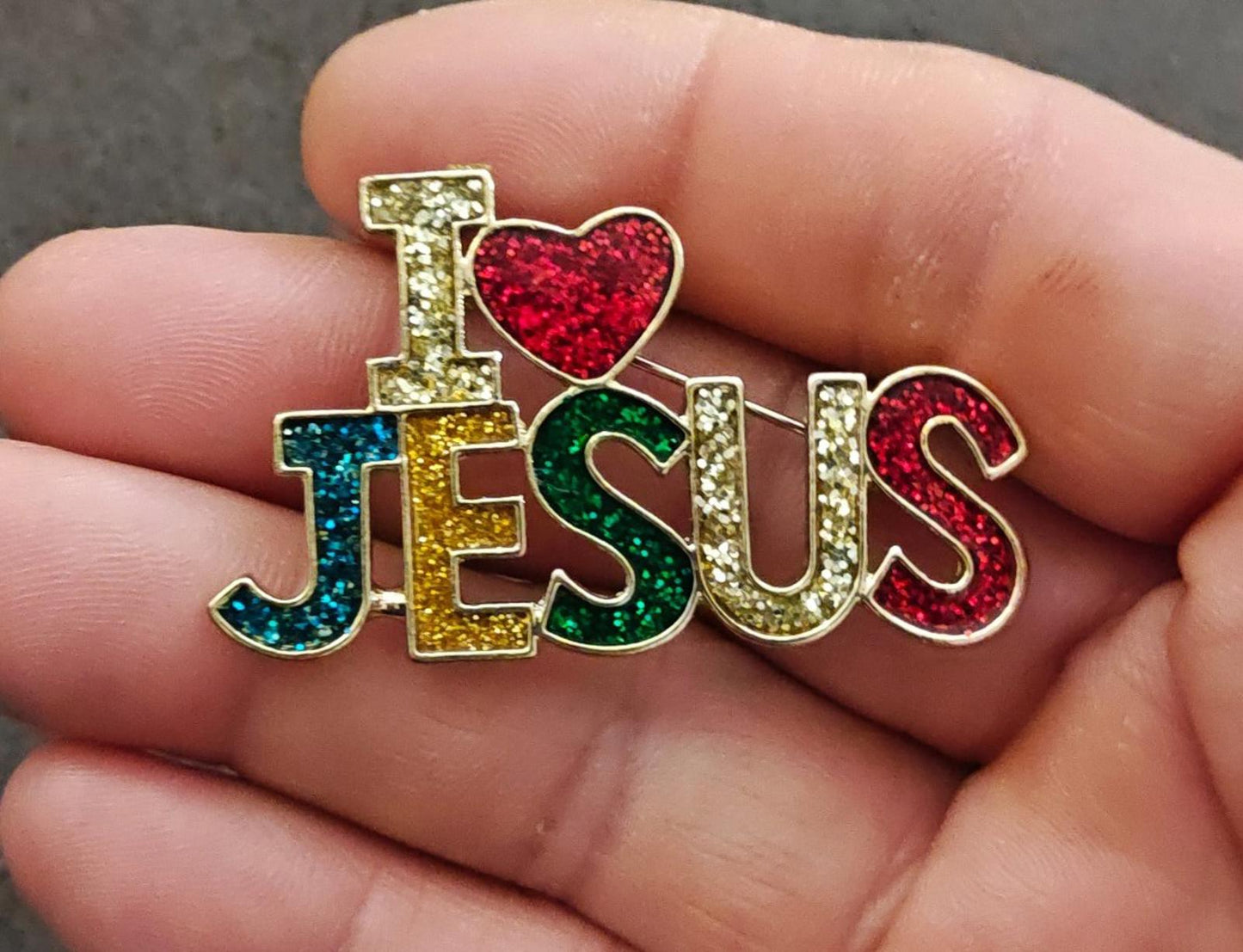 1990s I Love Jesus Rainbow Colors Glitter  Enamel Brooch Pin