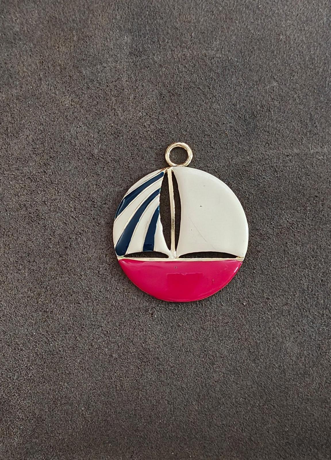 1960's Large Nautical Sailboat Gold Tone Enamel Pendant