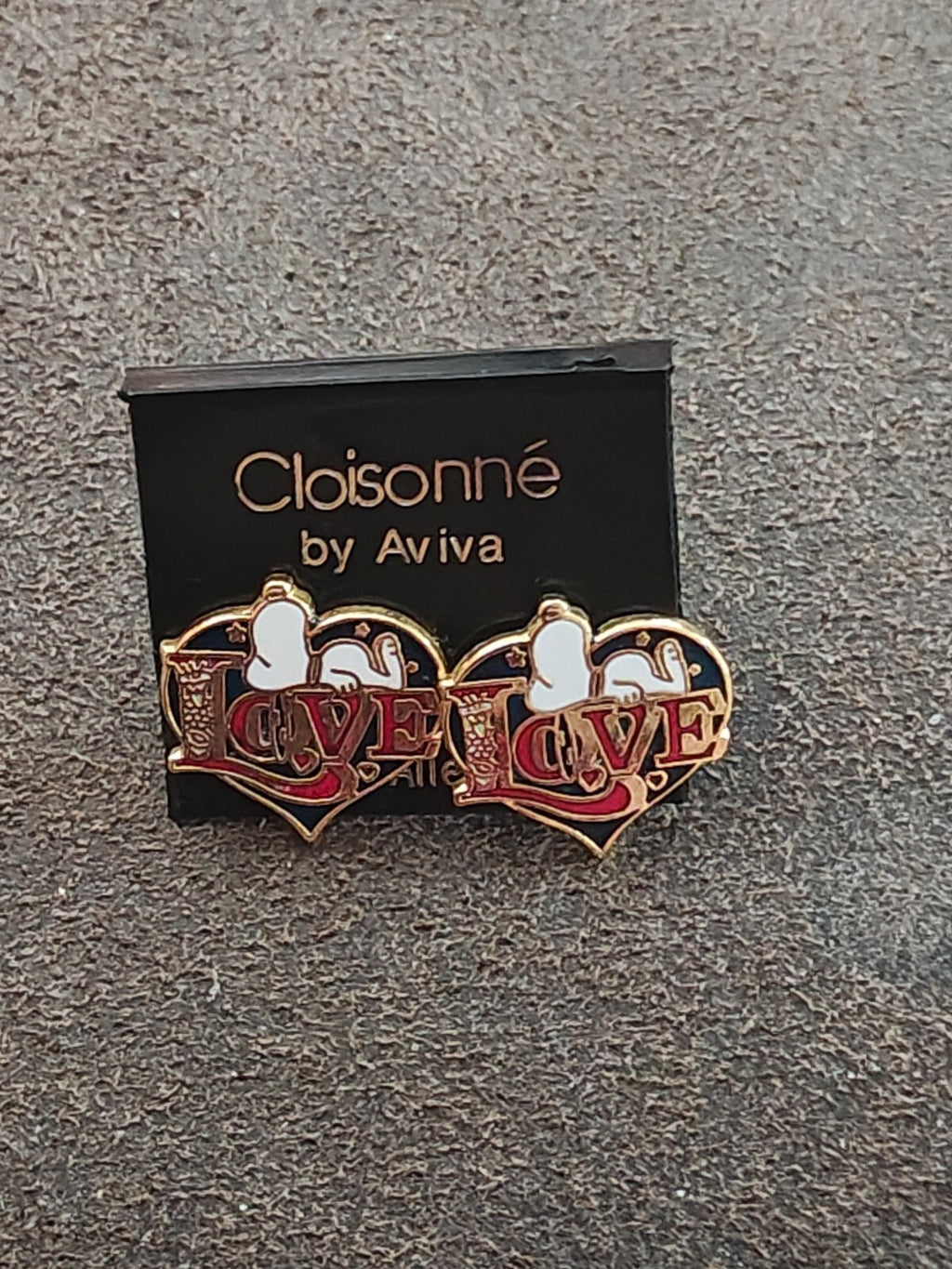 1970s Peanuts Snoopy "LOVE" Gold Tone Cloisonné Enamel Stud Earrings New
