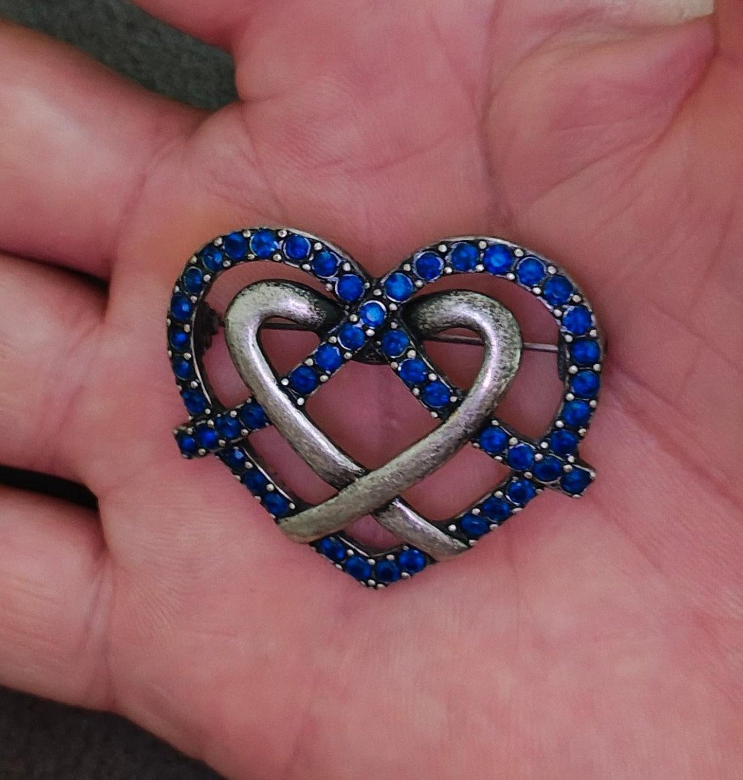 1980's Ornate Heart With Blue Rhinestones Pewter Brooch Pin